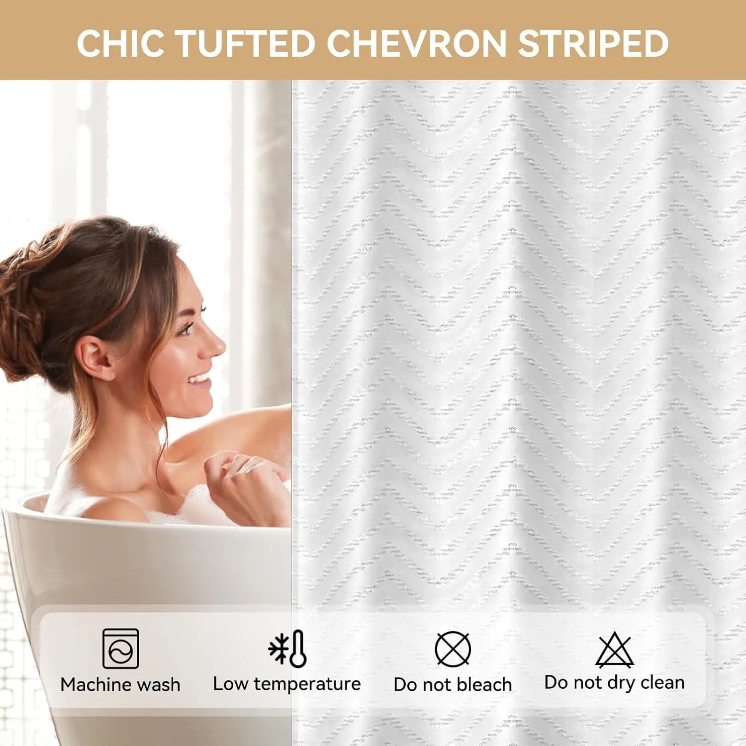 No Hook Shower Curtain and Snap in Liner Set,White Tufted Chevron Striped Cloth Waterproof Washable Fabric, Boho Bath Curtain with See Through Mesh Top Window for Bathroom Hotel 71" W x 74" L