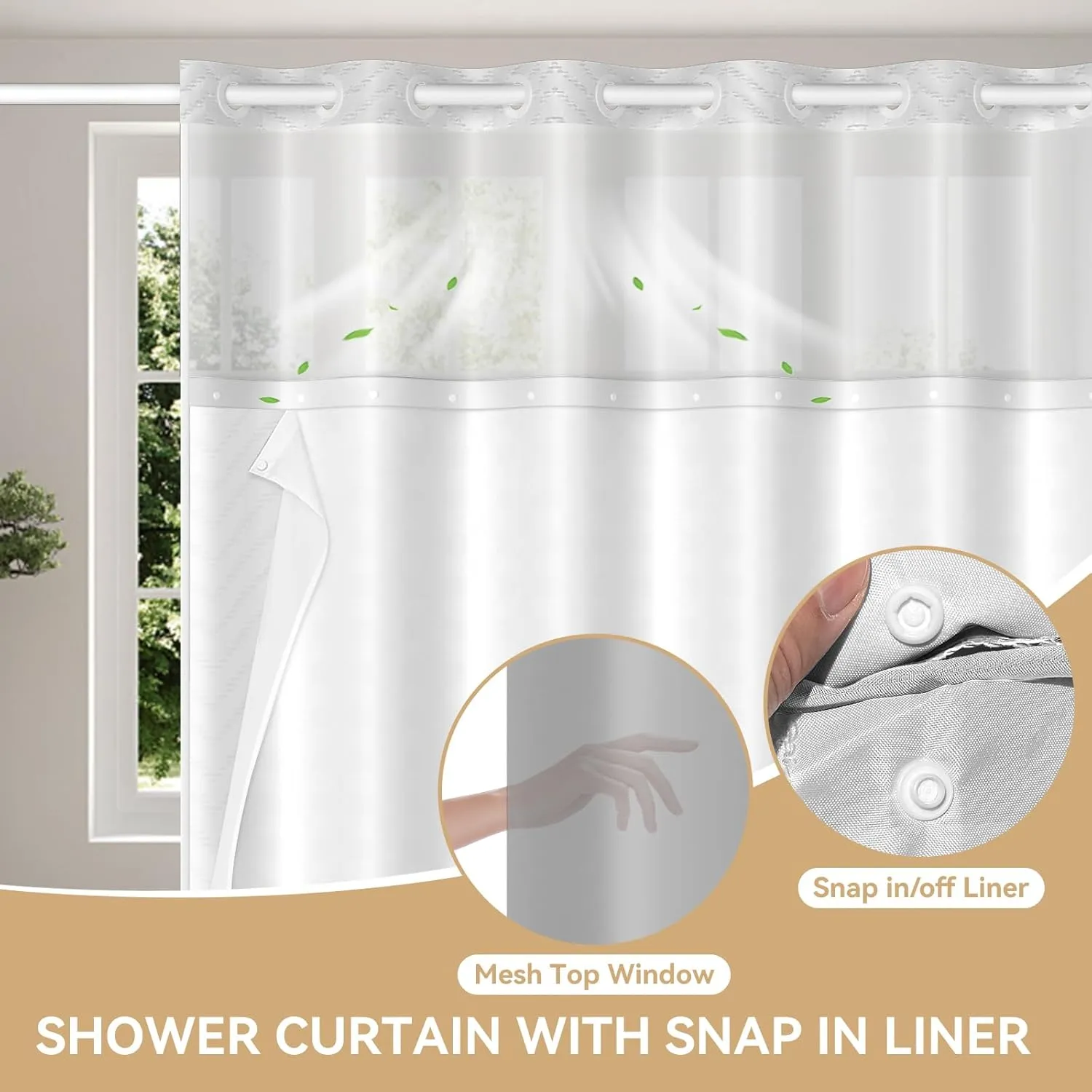 No Hook Shower Curtain and Snap in Liner Set,White Tufted Chevron Striped Cloth Waterproof Washable Fabric, Boho Bath Curtain with See Through Mesh Top Window for Bathroom Hotel 71" W x 74" L