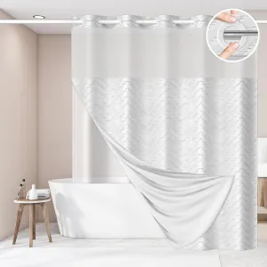 No Hook Shower Curtain and Snap in Liner Set,White Tufted Chevron Striped Cloth Waterproof Washable Fabric, Boho Bath Curtain with See Through Mesh Top Window for Bathroom Hotel 71" W x 74" L