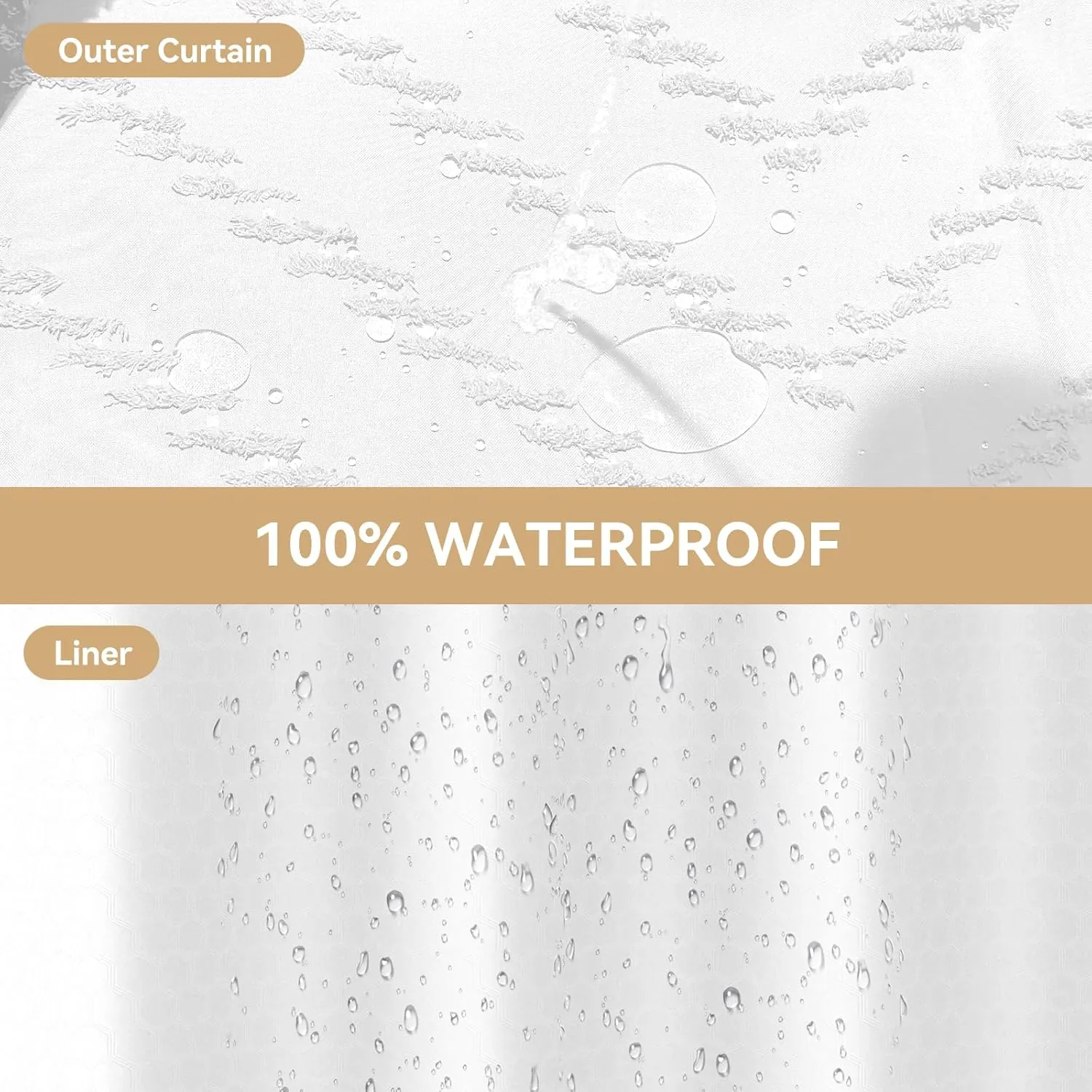 No Hook Shower Curtain and Snap in Liner Set,White Tufted Chevron Striped Cloth Waterproof Washable Fabric, Boho Bath Curtain with See Through Mesh Top Window for Bathroom Hotel 71" W x 74" L