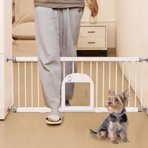 No Pawblems Dog Gate with Small Pet Door, 16"-42.7" Adjustable Metal Short Dog Gate to Step Over, 16.5" Tall Small Pet Gate with 3 Extension Kits, Pressure Mounted Gate for Doorways & Stairs, White