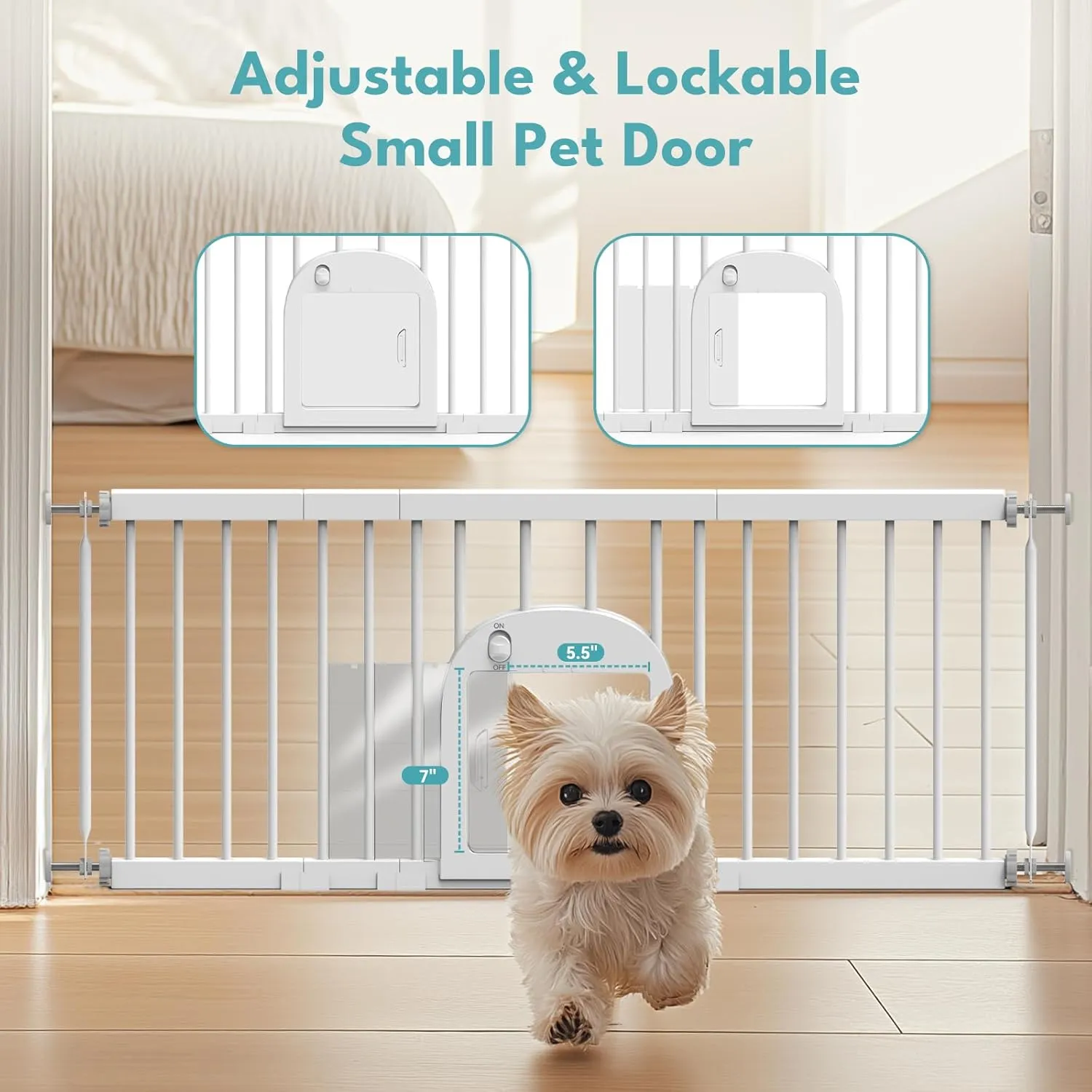 No Pawblems Dog Gate with Small Pet Door, 16"-42.7" Adjustable Metal Short Dog Gate to Step Over, 16.5" Tall Small Pet Gate with 3 Extension Kits, Pressure Mounted Gate for Doorways & Stairs, White