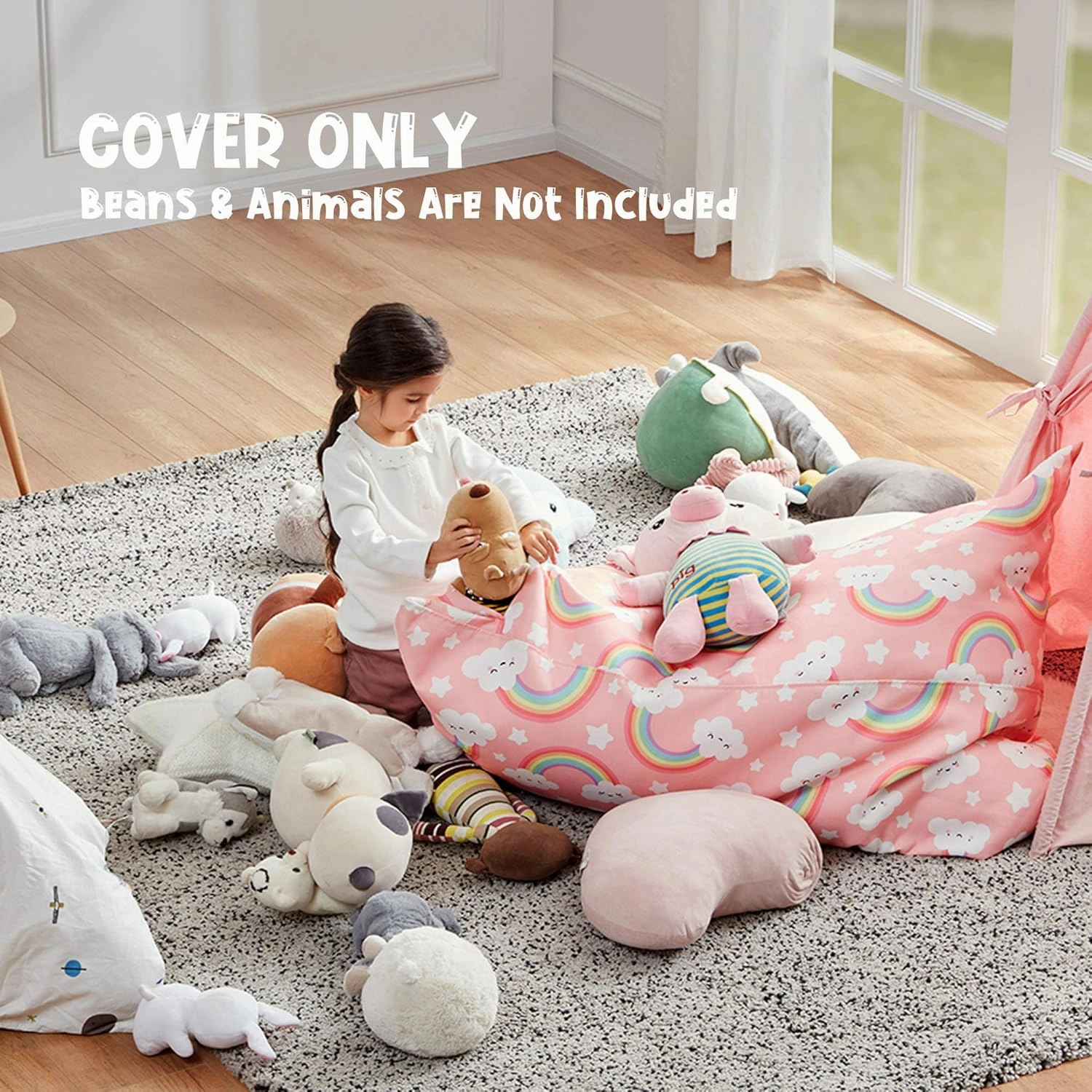 Nobildonna Stuffed Animal Storage Bean Bag Chair Cover for Kids Teens (No Filler) 250L Washable Large Beanbag Cover for Kids' Room Organizing Plush Toys or Home Living Room Textile,Pink