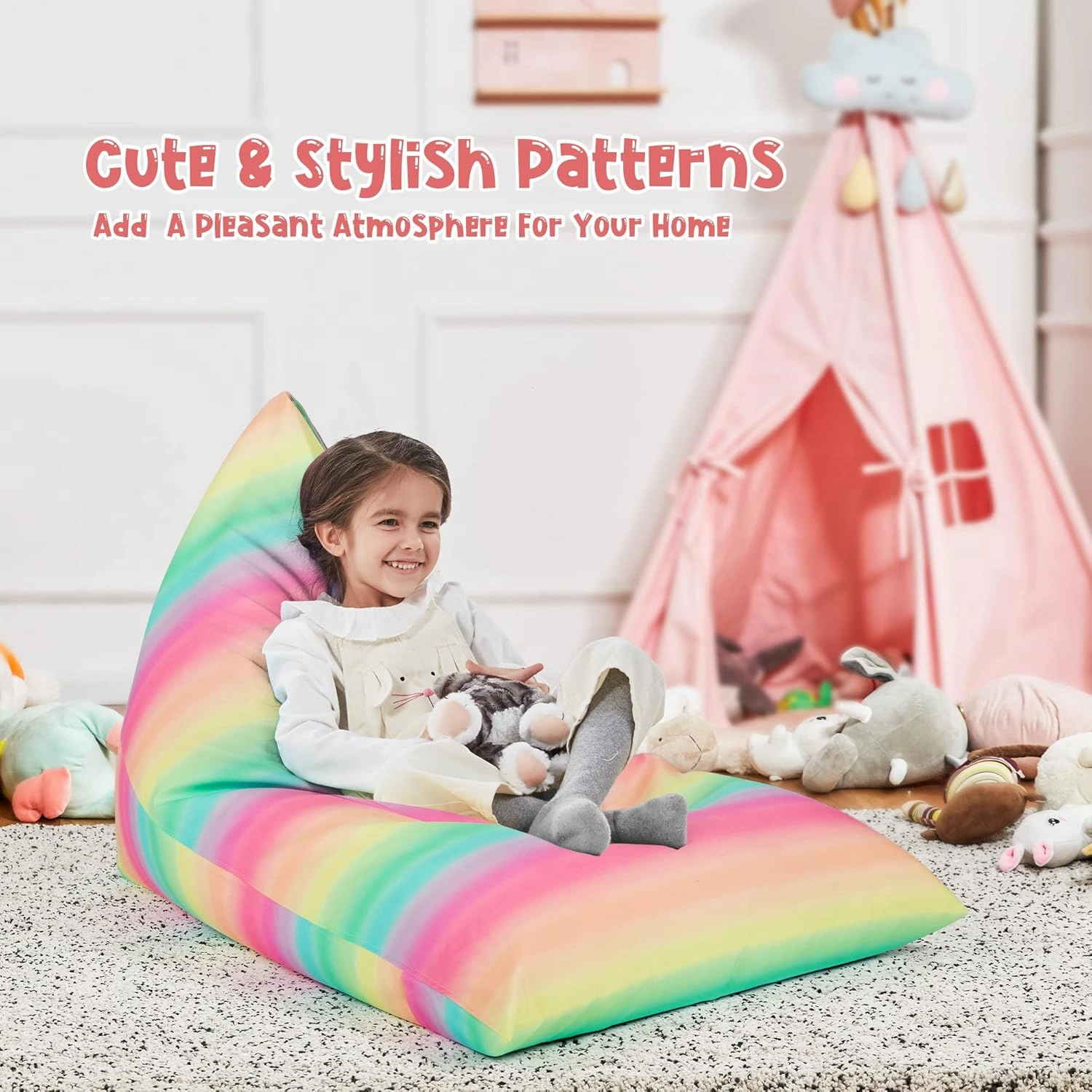 Nobildonna Stuffed Animal Storage Bean Bag Chair Cover for Kids Teens (No Filler) 250L Washable Large Beanbag Cover for Kids' Room Organizing Plush Toys or Home Living Room Textile,Rainbow Stripes