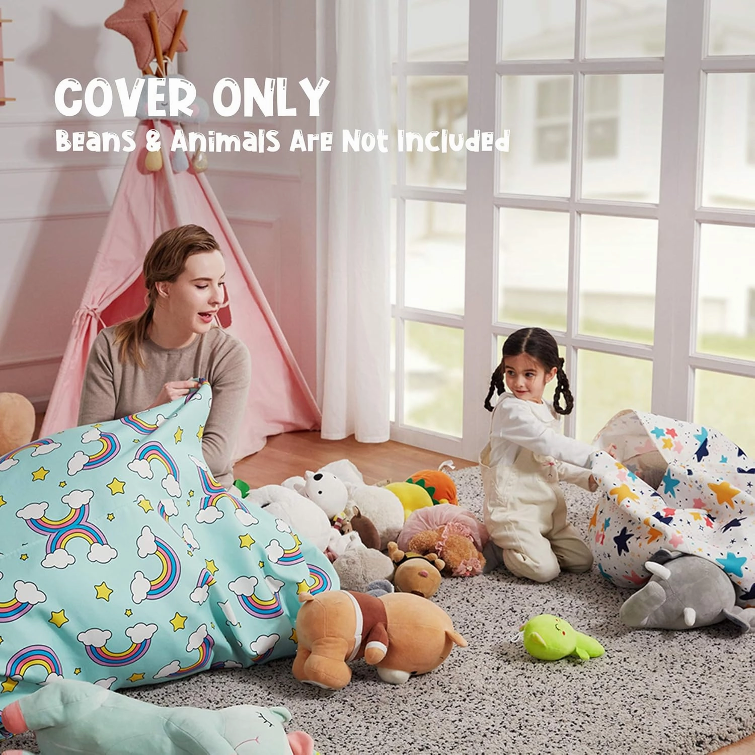 Nobildonna Stuffed Animal Storage Bean Bag Chair Cover for Kids Teens (No Filler) 250L Washable Large Beanbag Cover for Kids' Room Organizing Plush Toys or Home Living Room Textile,Rainbow Stripes