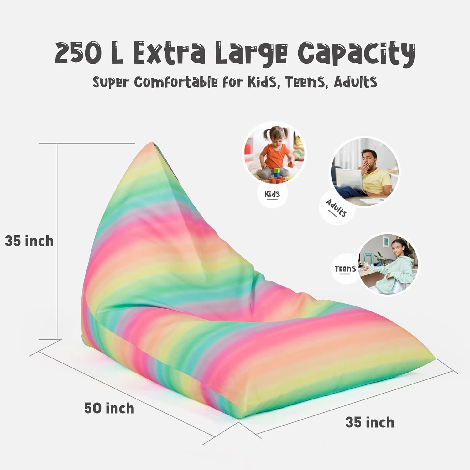 Nobildonna Stuffed Animal Storage Bean Bag Chair Cover for Kids Teens (No Filler) 250L Washable Large Beanbag Cover for Kids' Room Organizing Plush Toys or Home Living Room Textile,Rainbow Stripes