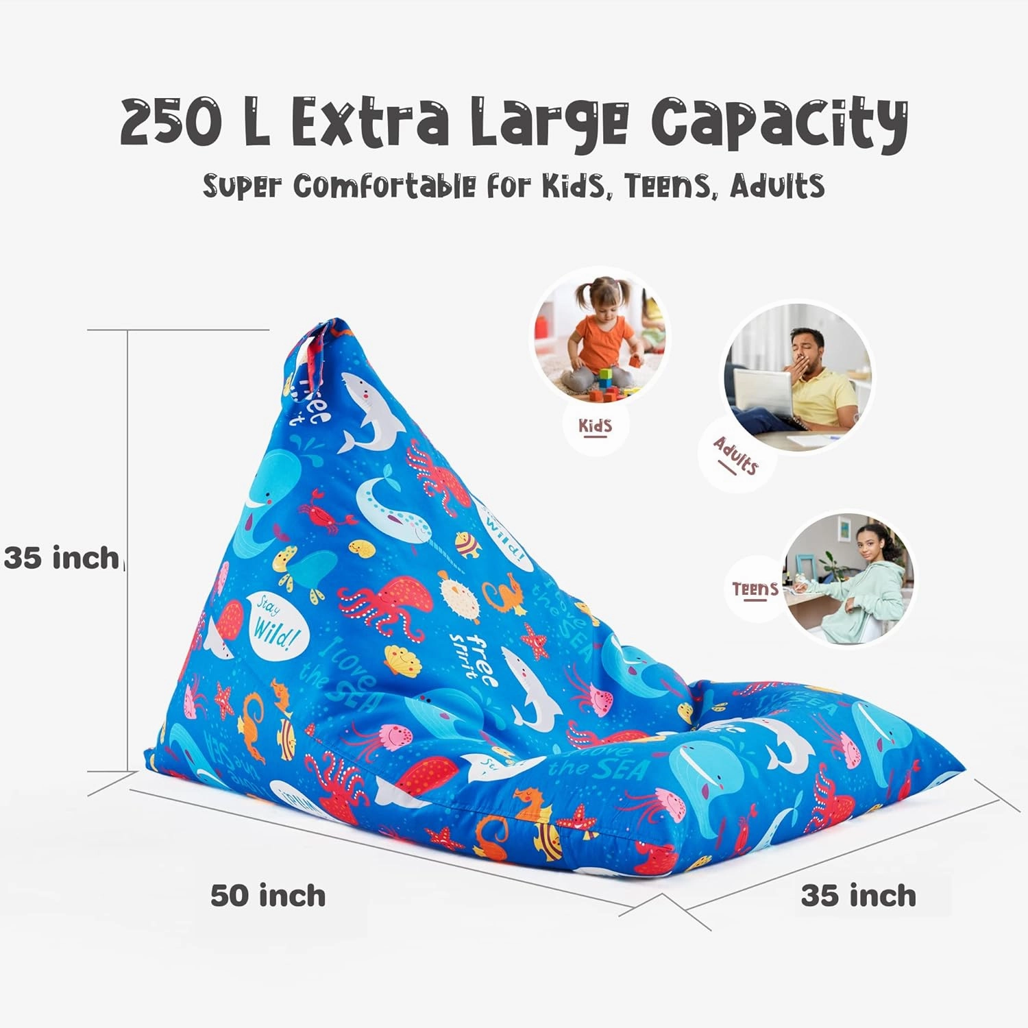 Nobildonna Stuffed Animal Storage Bean Bag Chair Cover for Kids Teens (No Filler) 250L Washable Large Beanbag Cover for Kids' Room Organizing Plush Toys or Home Living Room Textile,Sea Animals