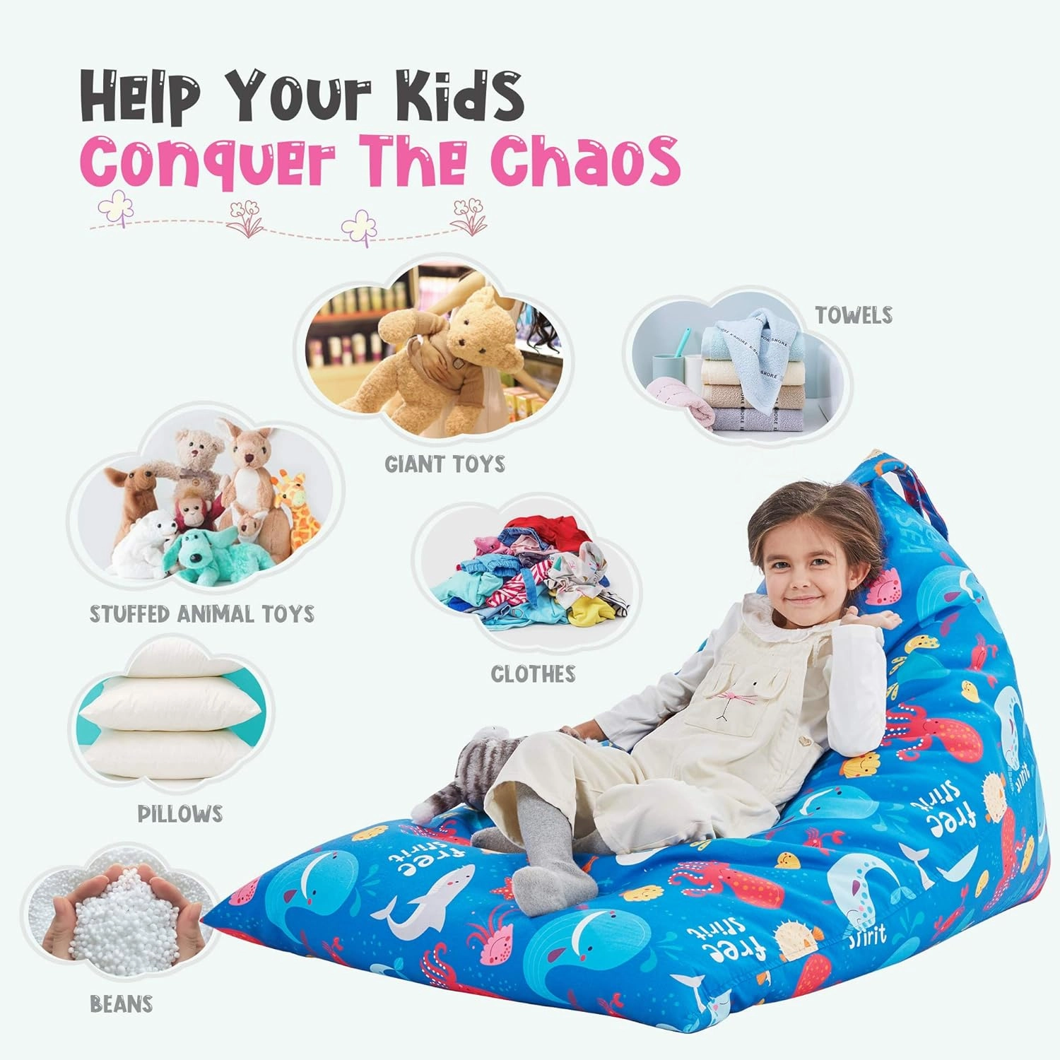Nobildonna Stuffed Animal Storage Bean Bag Chair Cover for Kids Teens (No Filler) 250L Washable Large Beanbag Cover for Kids' Room Organizing Plush Toys or Home Living Room Textile,Sea Animals