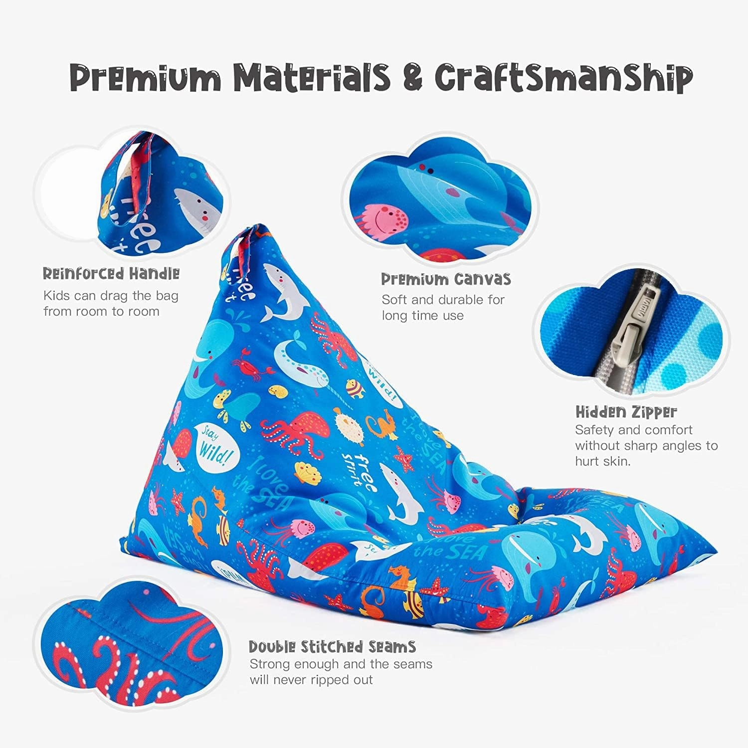 Nobildonna Stuffed Animal Storage Bean Bag Chair Cover for Kids Teens (No Filler) 250L Washable Large Beanbag Cover for Kids' Room Organizing Plush Toys or Home Living Room Textile,Sea Animals