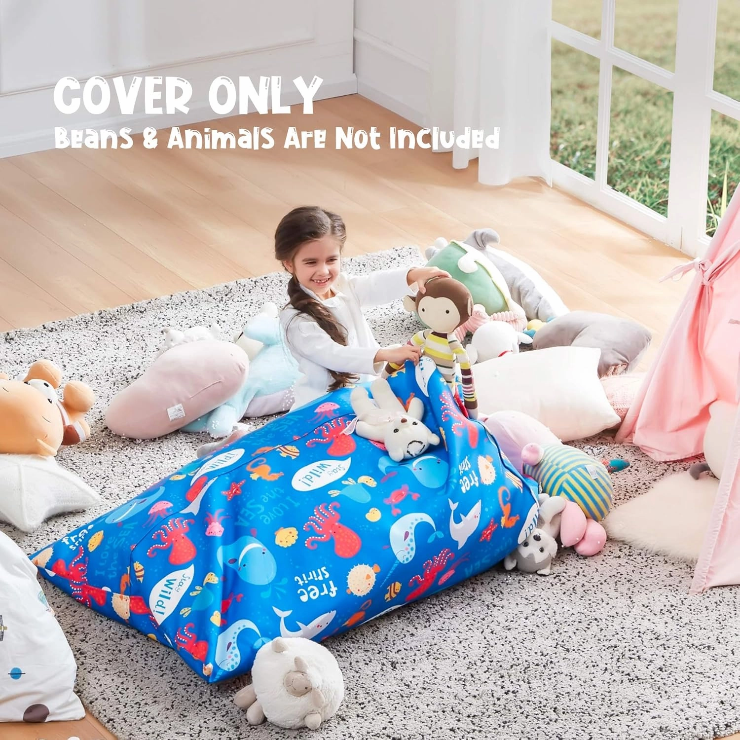 Nobildonna Stuffed Animal Storage Bean Bag Chair Cover for Kids Teens (No Filler) 250L Washable Large Beanbag Cover for Kids' Room Organizing Plush Toys or Home Living Room Textile,Sea Animals