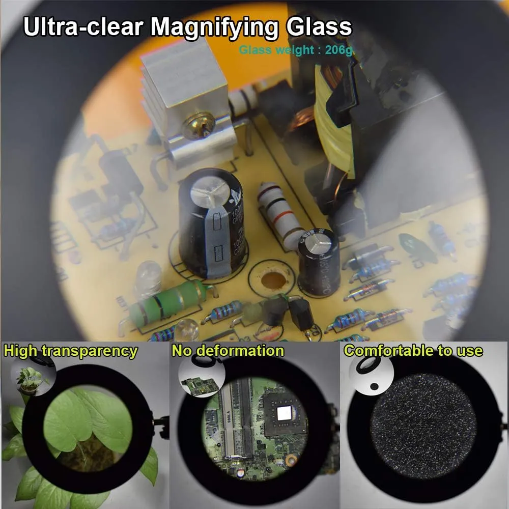NOEVSBIG Magnifying Glass Desk Lamp with 3-Section Swing Arm and Big Clamp, Magnifying Glass with Light and Stand, 10X Wide Desk Magnifier Light for Reading/Office/Crafting/Close Work