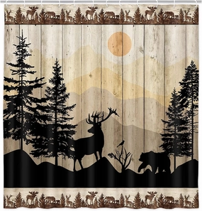 NYMB Cabin Shower Curtain, Rustic Shower Curtain Set, Cute Bear Deer Forest Print on Country Farmhouse Lodge Wooden Board Cloth Shower Curtains Bathroom Accessories with 12 Hooks, Tan Brown, (69X84)