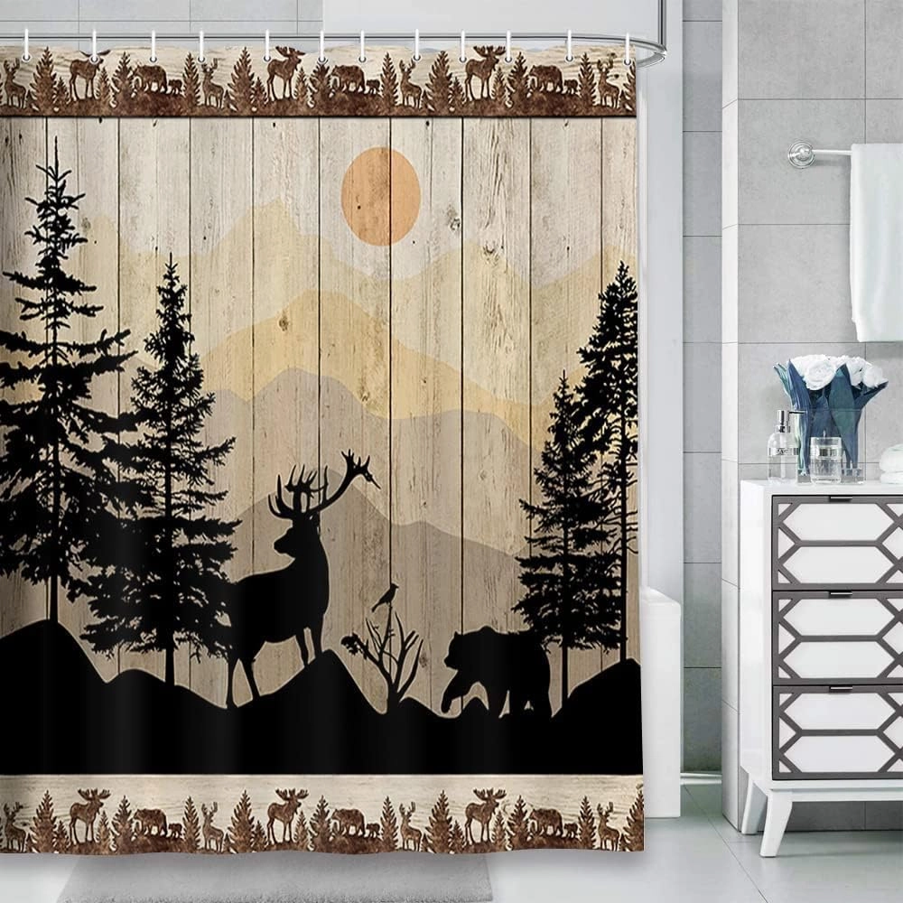 NYMB Cabin Shower Curtain, Rustic Shower Curtain Set, Cute Bear Deer Forest Print on Country Farmhouse Lodge Wooden Board Cloth Shower Curtains Bathroom Accessories with 12 Hooks, Tan Brown, (69X84)