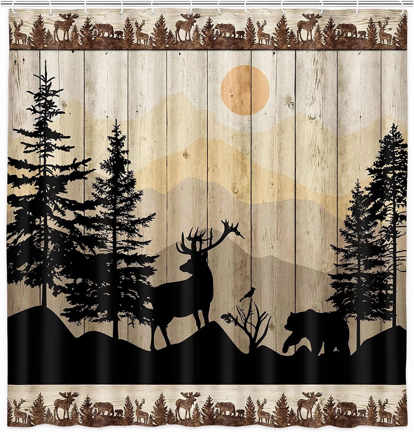 NYMB Cabin Shower Curtain, Rustic Shower Curtain Set, Cute Bear Deer Forest Print on Country Farmhouse Lodge Wooden Board Cloth Shower Curtains Bathroom Accessories with 12 Hooks, Tan Brown, (69X84)