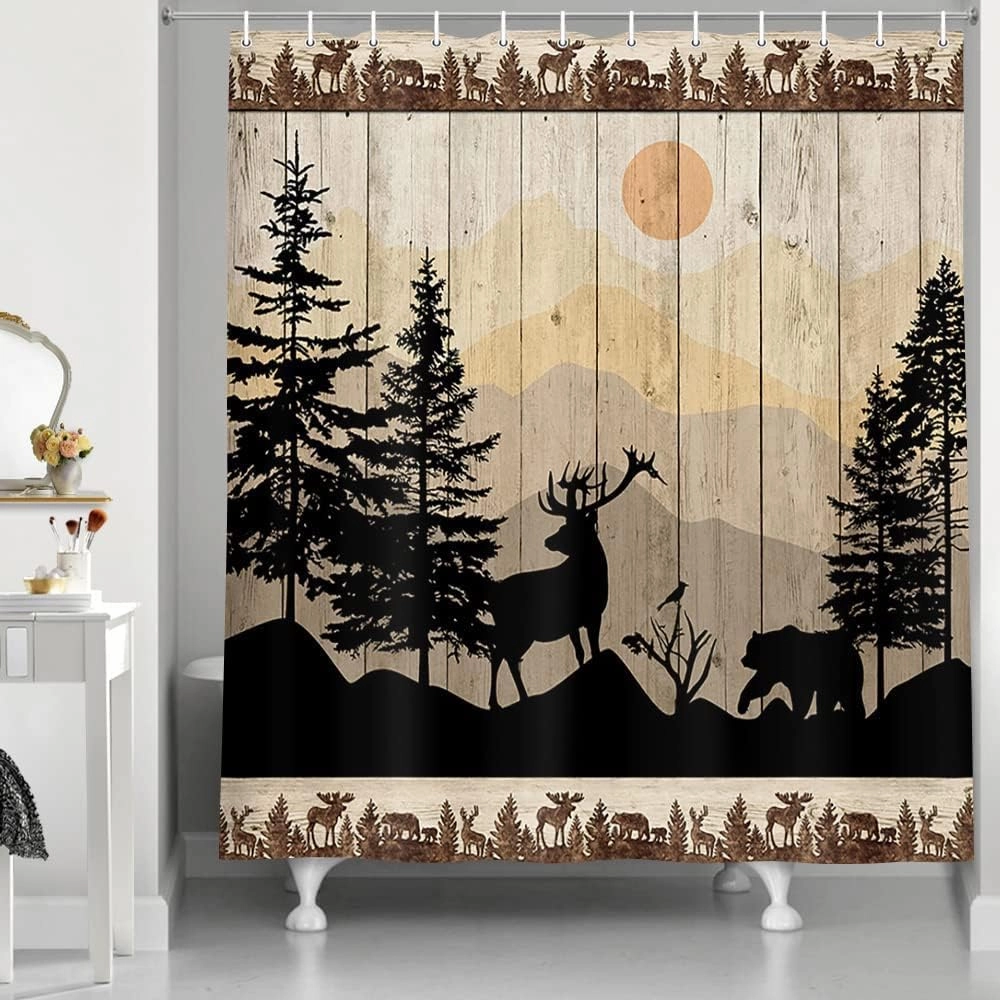 NYMB Cabin Shower Curtain, Rustic Shower Curtain Set, Cute Bear Deer Forest Print on Country Farmhouse Lodge Wooden Board Cloth Shower Curtains Bathroom Accessories with 12 Hooks, Tan Brown, (69X84)