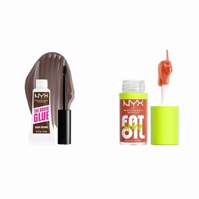 NYX PROFESSIONAL MAKEUP The Brow Glue, Extreme Hold Tinted Eyebrow Gel - Dark Brown & Fat Oil Lip Drip, Moisturizing, Shiny and Vegan Tinted Lip Gloss - Follow Back (Shimmering Warm Nude)