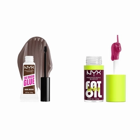 NYX PROFESSIONAL MAKEUP The Brow Glue, Extreme Hold Tinted Eyebrow Gel - Dark Brown & Fat Oil Lip Drip, Moisturizing, Shiny and Vegan Tinted Lip