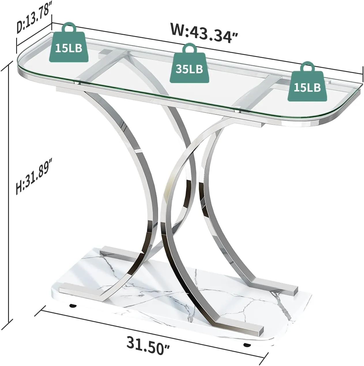 O&K FURNITURE Silver Glass Console Tables for Entryway,Glass Entryway Table with Curved Frames and Marble Base, Modern Entrance Table Sofa Table for Living Room,Hallway,Silver Glass&White Marble