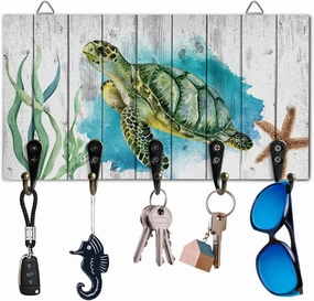 Ocean Turtles Wood Wall Mounted Key Holder With 5 Hooks - Rustic Farmhouse Barn Watercolor Rack Organizer for Home, Entryway, Hallway - Hang Keys, Dog Leash, Sunglasses