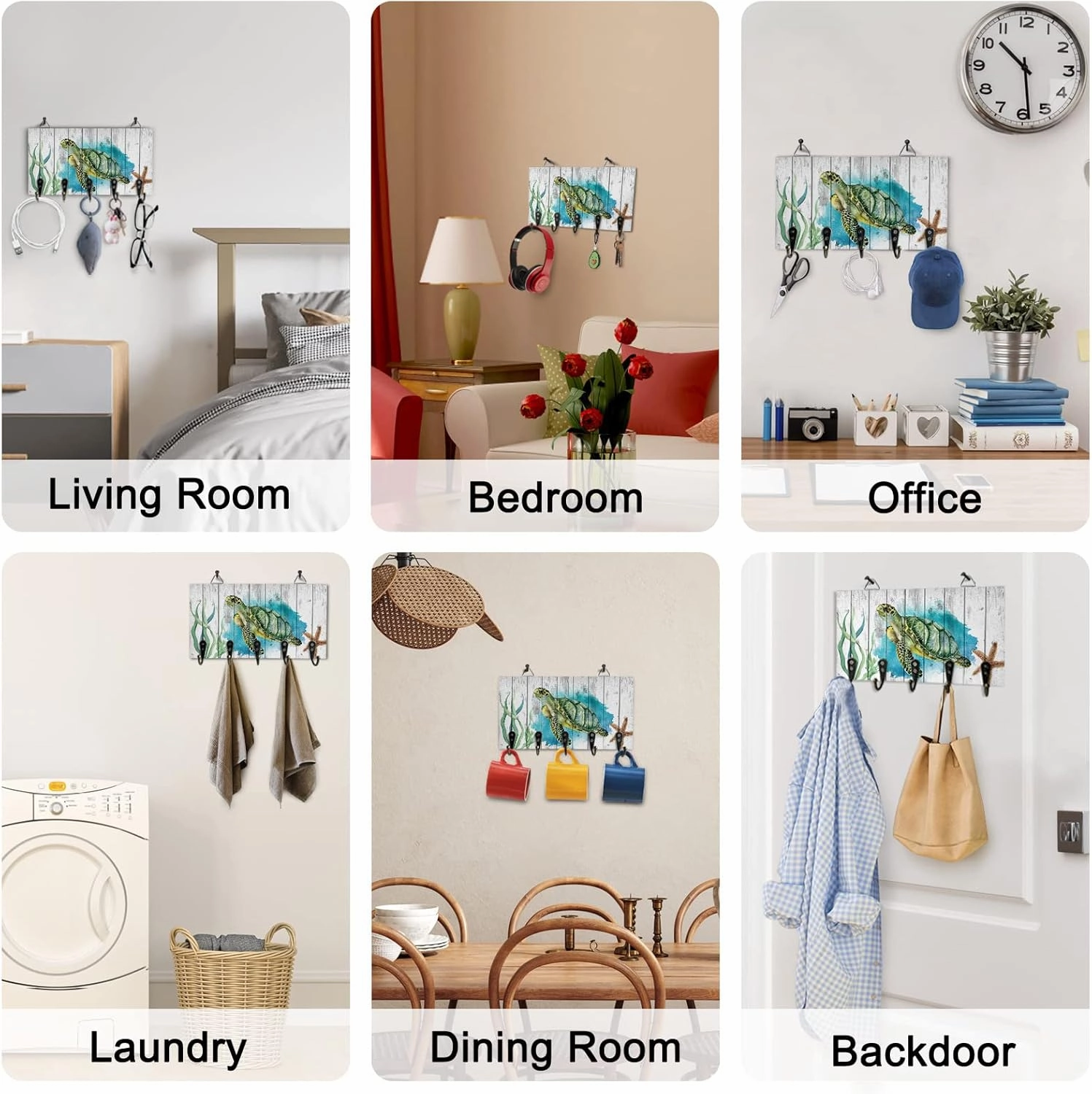 Ocean Turtles Wood Wall Mounted Key Holder With 5 Hooks - Rustic Farmhouse Barn Watercolor Rack Organizer for Home, Entryway, Hallway - Hang Keys, Dog Leash, Sunglasses