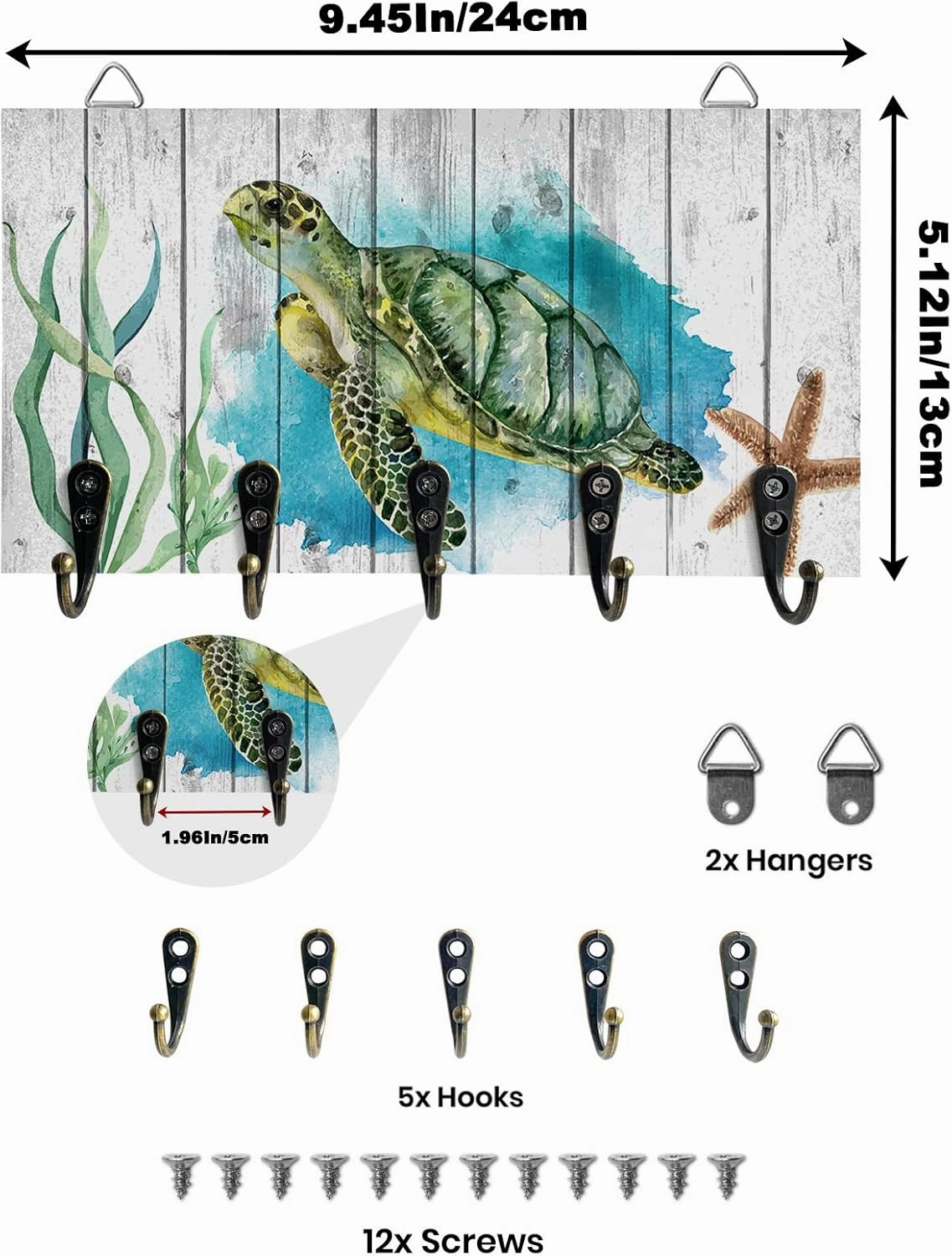 Ocean Turtles Wood Wall Mounted Key Holder With 5 Hooks - Rustic Farmhouse Barn Watercolor Rack Organizer for Home, Entryway, Hallway - Hang Keys, Dog Leash, Sunglasses