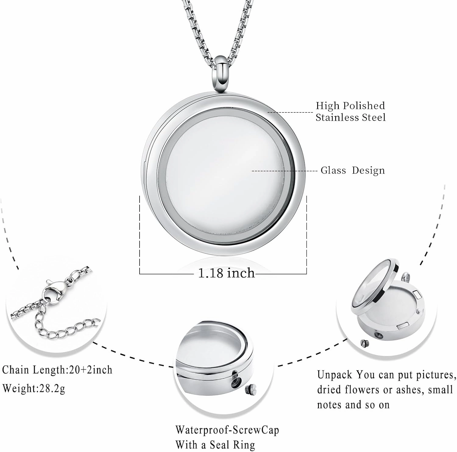 Oinsi Cremation Locket Necklace For Ashes Of Loved One Carry Photo Glass Memorial Urn Jewelry 316L Stainless Steel Keepsake Gifts