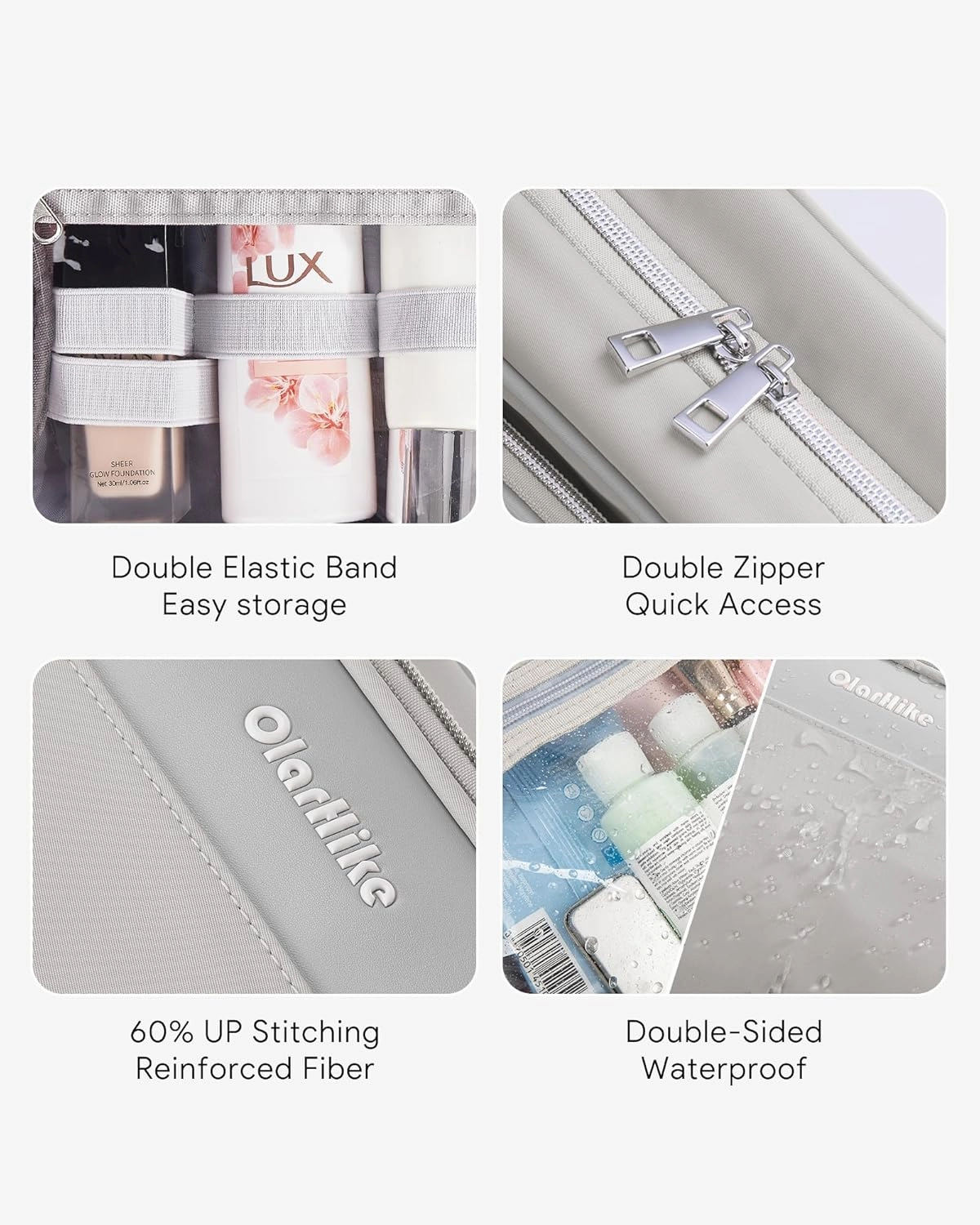 OlarHike Travel Toiletry Hanging Bag Waterproof Bags, Makeup, Toiletries, Jewelry, Cruise Essentials 3 in 1 Packing Organizers, Cosmetic Travel-Sized Container, Medium Capacity for Women Grey