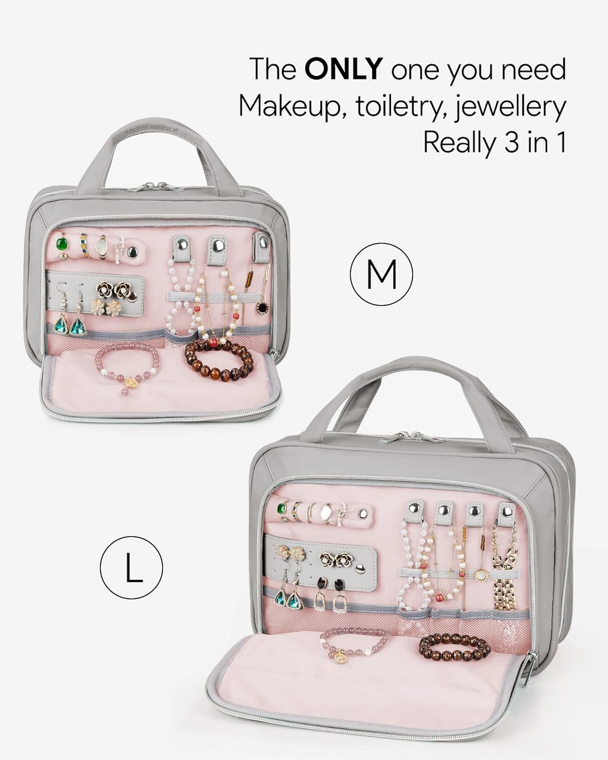 OlarHike Travel Toiletry Hanging Bag Waterproof Bags, Makeup, Toiletries, Jewelry, Cruise Essentials 3 in 1 Packing Organizers, Cosmetic Travel-Sized Container, Medium Capacity for Women Grey