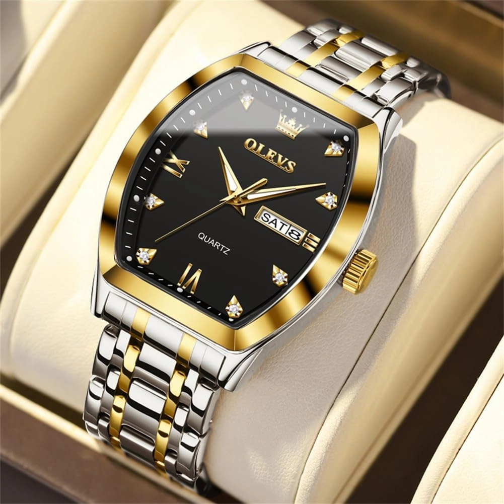 OLEVS Men Watches Square Business Dress Diamond Analog Quartz Date Luxury Watch for Men Casual Stainless Steel Waterproof Luminous Two Tone Wrist Watch