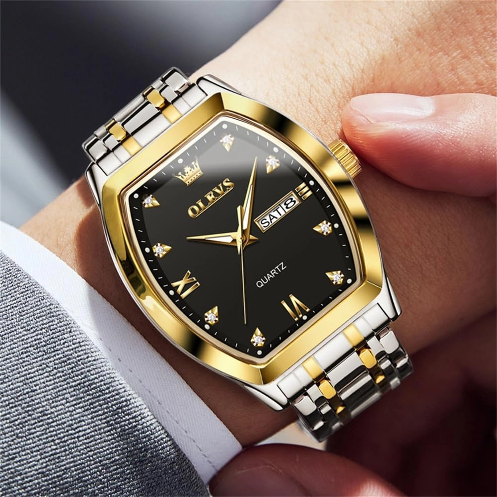 OLEVS Men Watches Square Business Dress Diamond Analog Quartz Date Luxury Watch for Men Casual Stainless Steel Waterproof Luminous Two Tone Wrist Watch