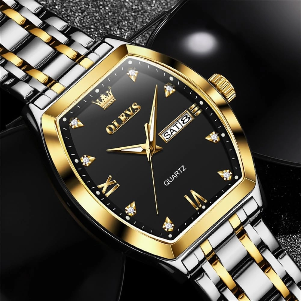 OLEVS Men Watches Square Business Dress Diamond Analog Quartz Date Luxury Watch for Men Casual Stainless Steel Waterproof Luminous Two Tone Wrist Watch