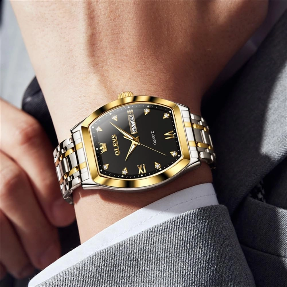 OLEVS Men Watches Square Business Dress Diamond Analog Quartz Date Luxury Watch for Men Casual Stainless Steel Waterproof Luminous Two Tone Wrist Watch