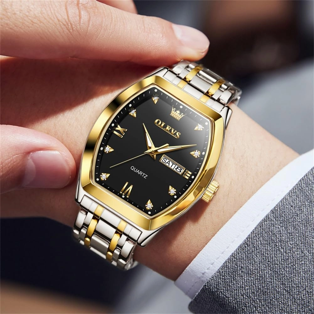 OLEVS Men Watches Square Business Dress Diamond Analog Quartz Date Luxury Watch for Men Casual Stainless Steel Waterproof Luminous Two Tone Wrist Watch