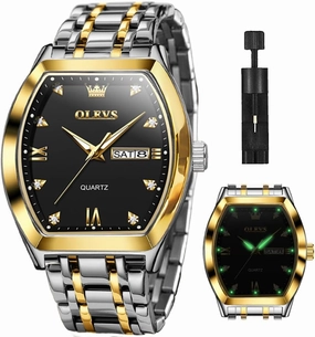 OLEVS Men Watches Square Business Dress Diamond Analog Quartz Date Luxury Watch for Men Casual Stainless Steel Waterproof Luminous Two Tone Wrist Watch