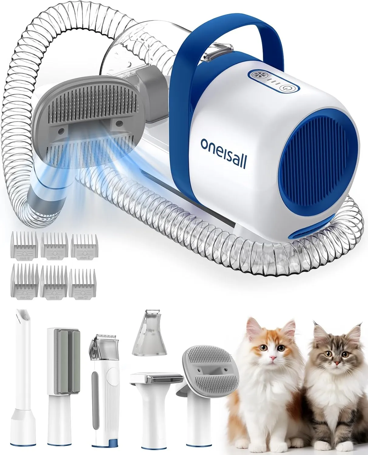 oneisall Cat Hair Vacuum, Low-Noise Pet Vacuum Grooming Kit with Brush & Clippers for Hair Shedding Trimming Grooming, 6 in 1 Cat Vacuum Groomer for Pet Hair Grooming