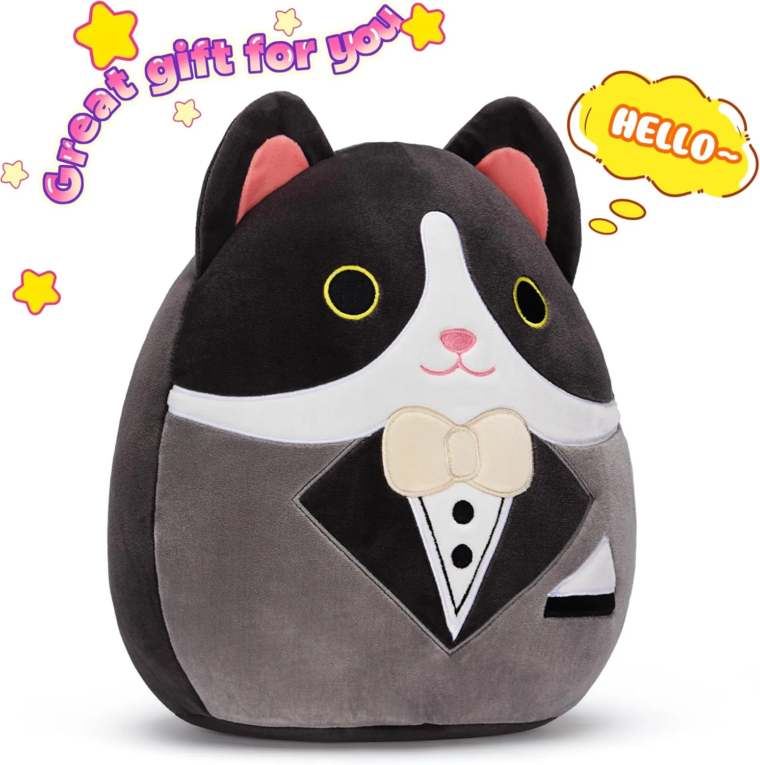 Original 12.5-inch Large Tuxedo Cat Plush Pillow Stuffed Animal Toy,Big Size Cute Soft Fat Hugging Cuddle Huggable Plushie,Gift for Kids