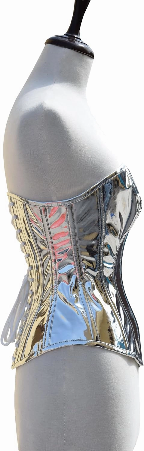Overbust Silver PVC Corset - Heavy Duty Steel Boned Women's Shiny Corset