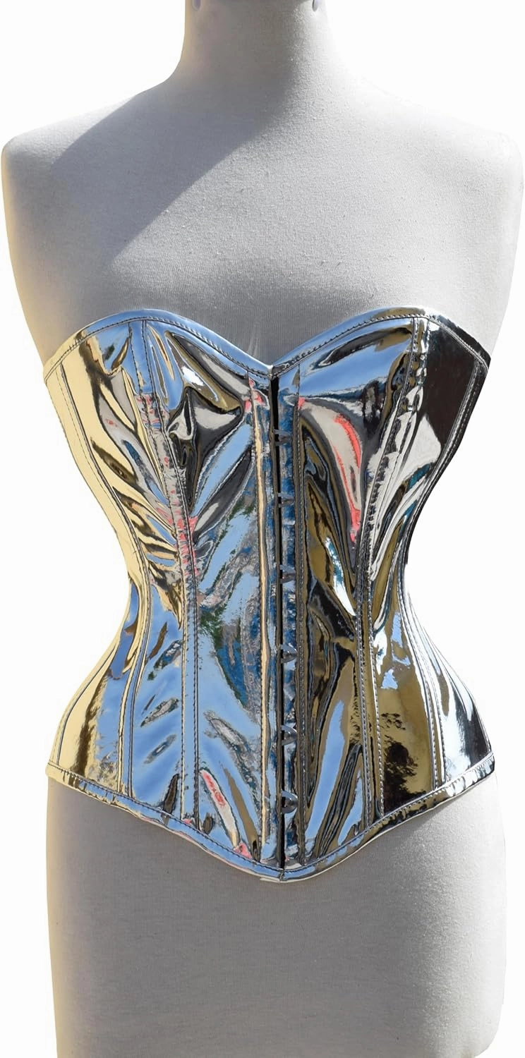 Overbust Silver PVC Corset - Heavy Duty Steel Boned Women's Shiny Corset