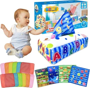 OZMI Baby Tissue Box Toy, Montessori Musical Toys for 3 6 9 12 18 Months Babies, Newborn Sensory Colorful Juggling Rainbow Dance Scarves Toys, Christmas Birthday Gift for Infant Toddlers (16 PCS)