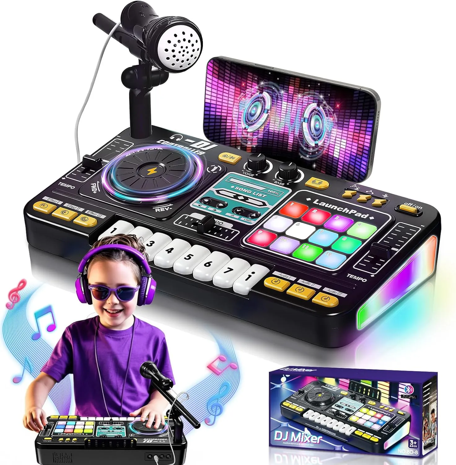 OZMI Kids DJ Music Mixer Toy with Microphone, Lights – Interactive Musical Toy for Ages 3-12 | 100  Sounds, Piano Keys, Disco Mode, Rechargeable Battery for Kids Boys & Girls