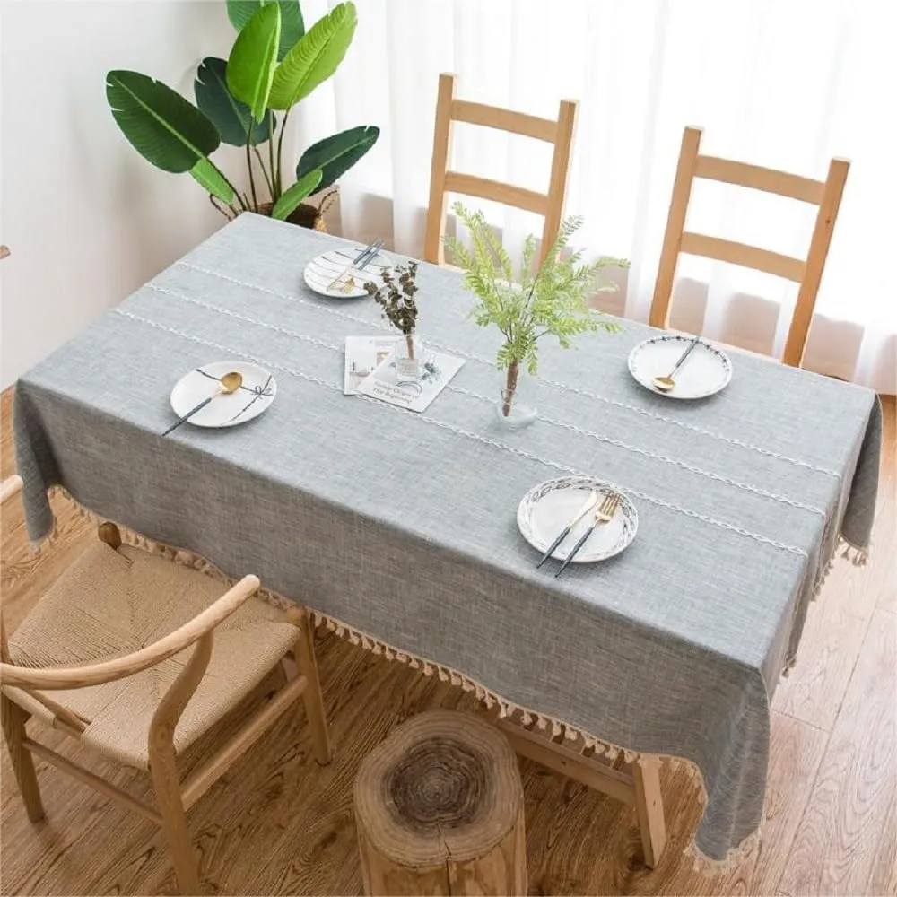 Pahajim Farmhouse Table Cover - Cotton Linen Tablecloths, Rectangle/Oblong (55 x 94 Inch), Gray Stripe for Fall Kitchen & Dining Table, Christmas