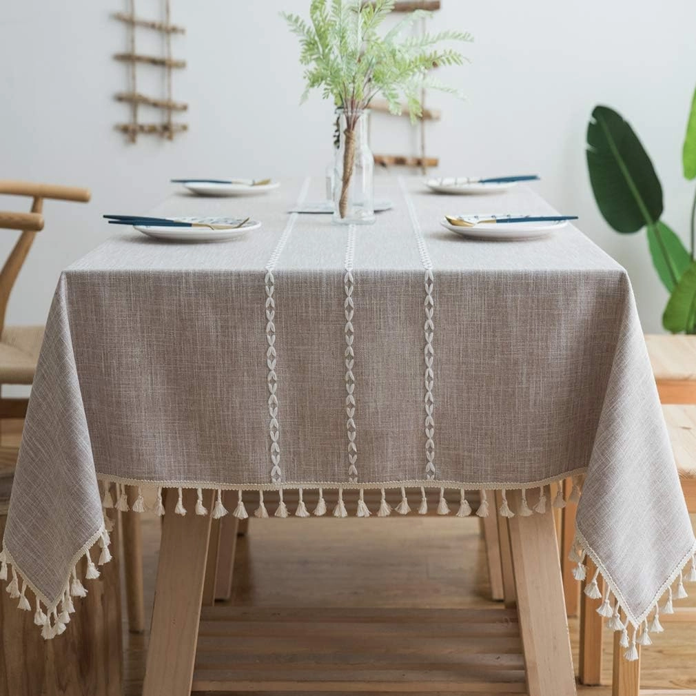 Pahajim Table Cloths with Tassels Embroidered Tablecloth for Dining Table Outdoor Table Rectangle Boho Tablecloths Thanksgiving (Maroon Stripe, Rectangle/Oblong,55 x 94 Inch)