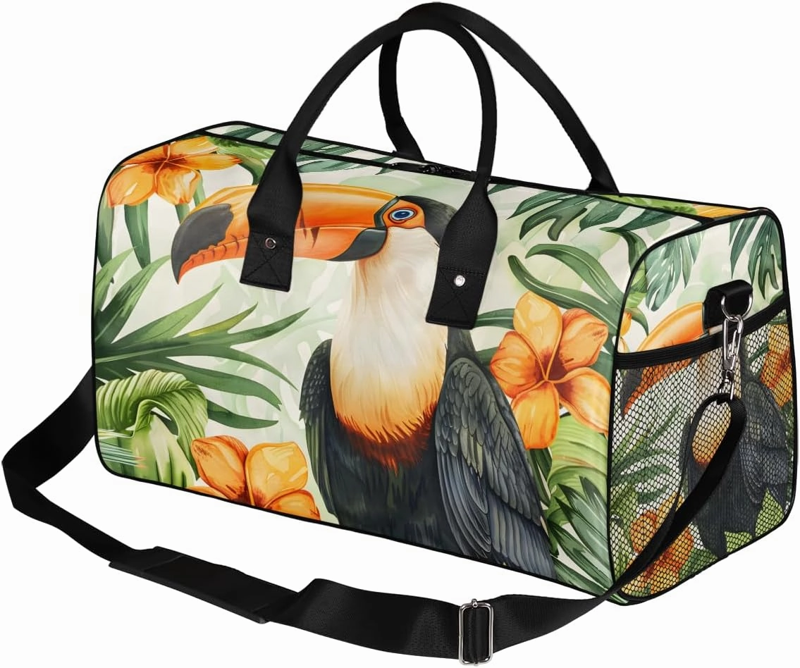 Parrot Bird Travel Duffle Bag for Women Men Foldable Waterproof Weekender Bag Carry on Tote for Overnight Sports Gym Tropical Bird Palm Leaves