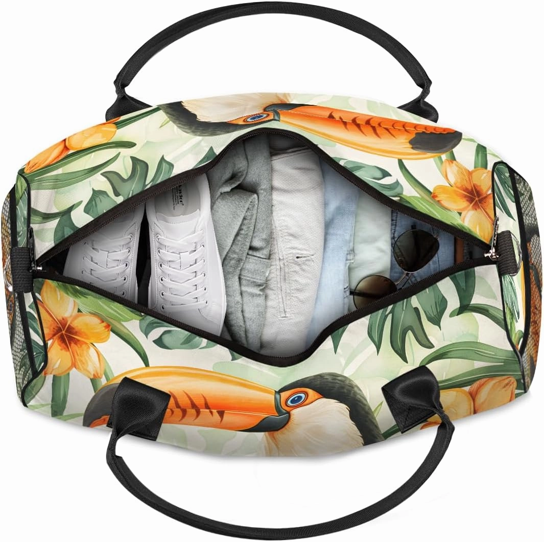 Parrot Bird Travel Duffle Bag for Women Men Foldable Waterproof Weekender Bag Carry on Tote for Overnight Sports Gym Tropical Bird Palm Leaves