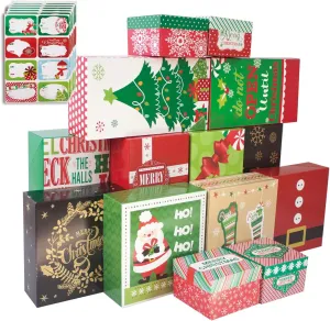 Party Funny 14 Decorative Christmas Gift Boxes with Lids and 80-Count Foil Christmas Gift Tag Stickers (Assorted size, 6 Rectangle, 4 Square, 4 Small Square)