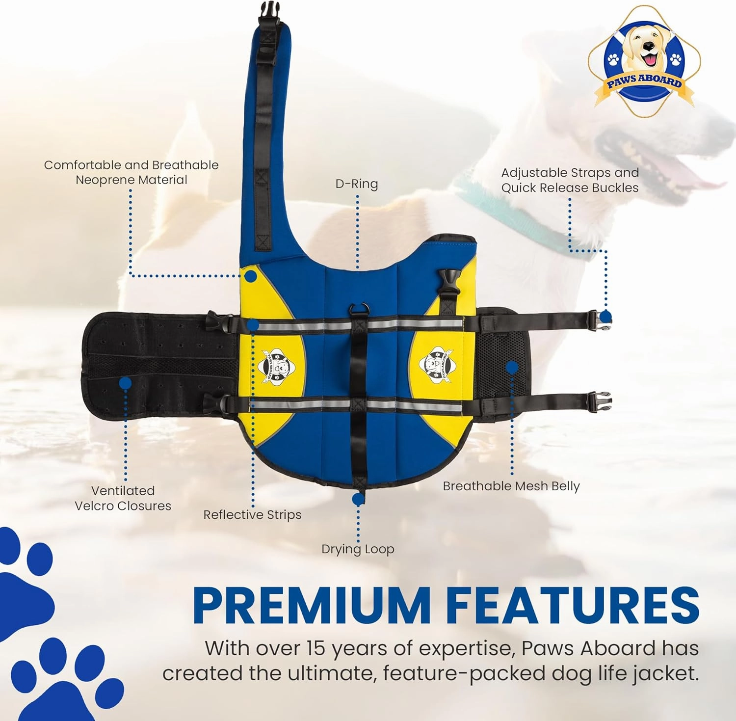 Paws Aboard Dog Life Jacket - Keep Your Canine Safe with a Neoprene Life Vest for Swimming and Boating, Color and Design to Choose - Blue and Yellow, Large