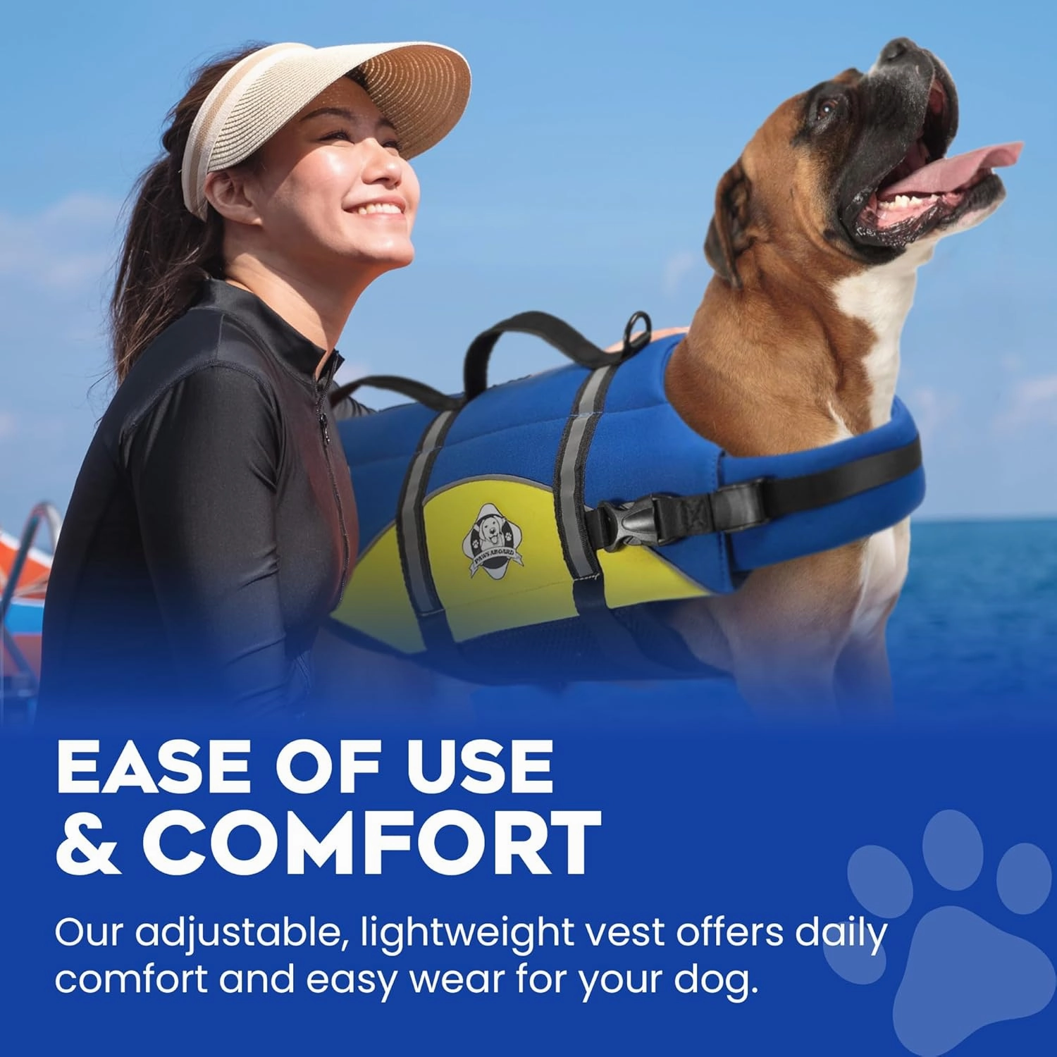 Paws Aboard Dog Life Jacket - Keep Your Canine Safe with a Neoprene Life Vest for Swimming and Boating, Color and Design to Choose - Blue and Yellow, Large