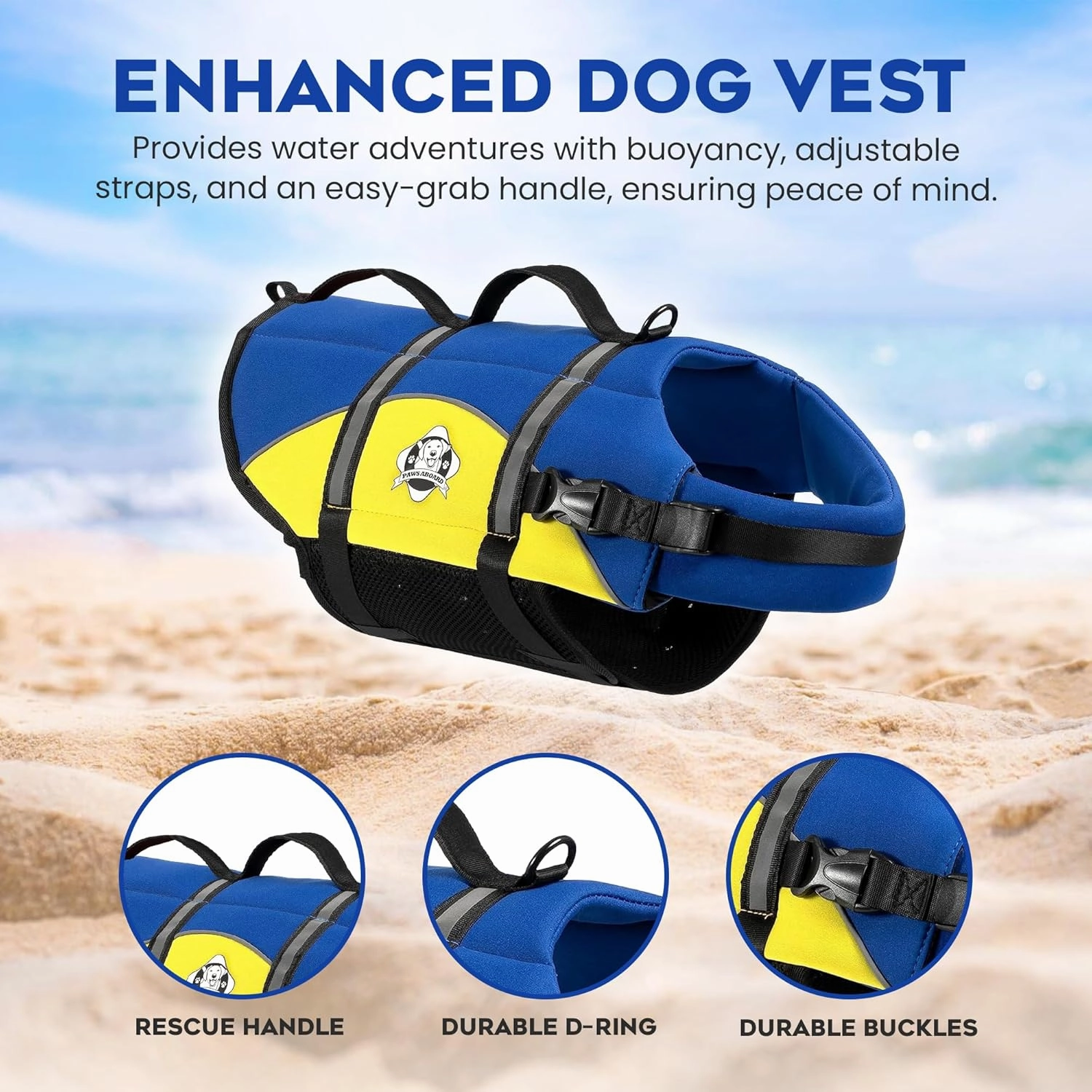Paws Aboard Dog Life Jacket - Keep Your Canine Safe with a Neoprene Life Vest for Swimming and Boating, Color and Design to Choose - Blue and Yellow, Large
