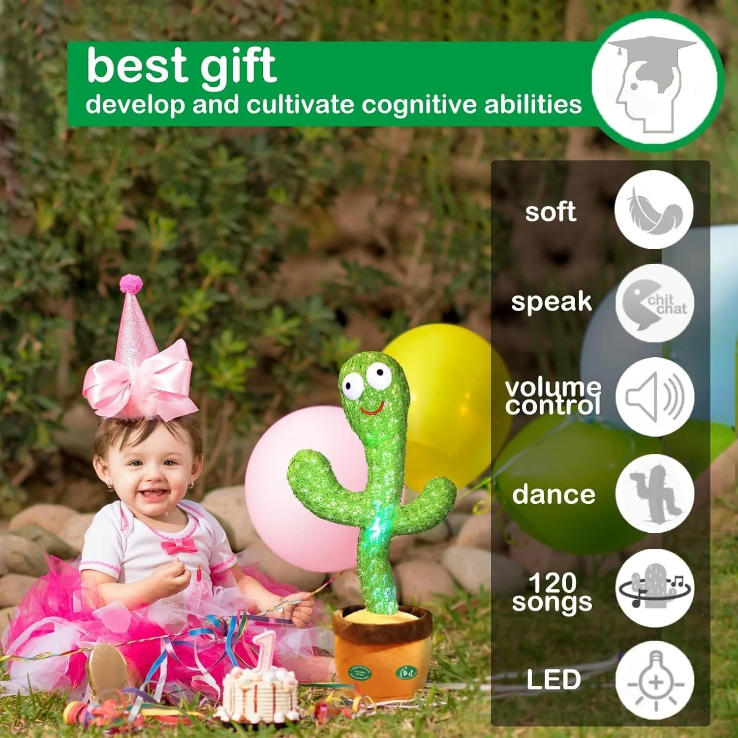 Pbooo Dancing Talking Cactus Mimicking Toy,Talking Repeat Singing Sunny Cactus Toy 120 Pcs Songs for Baby 15S Record Your Sound Sing Dancing Recording LED