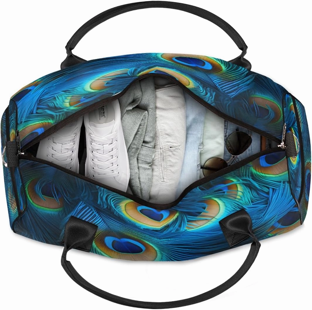 Peacock Feather Travel Duffle Bag for Women Men Foldable Waterproof Weekender Bag Carry on Tote for Overnight Sports Gym Birds Feather